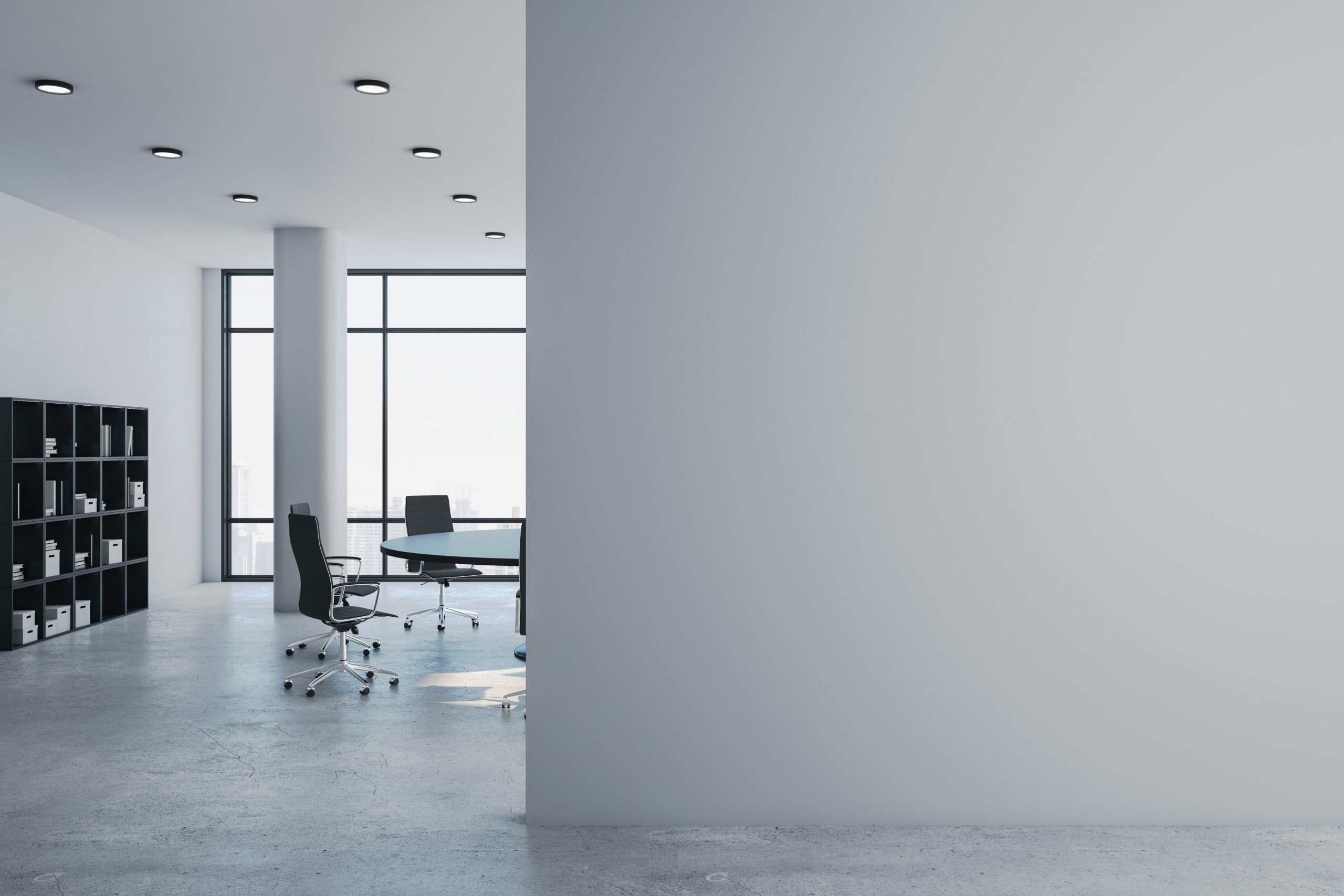 Luxury,Meeting,Room,With,Panoramic,City,View,And,Blank,Gray